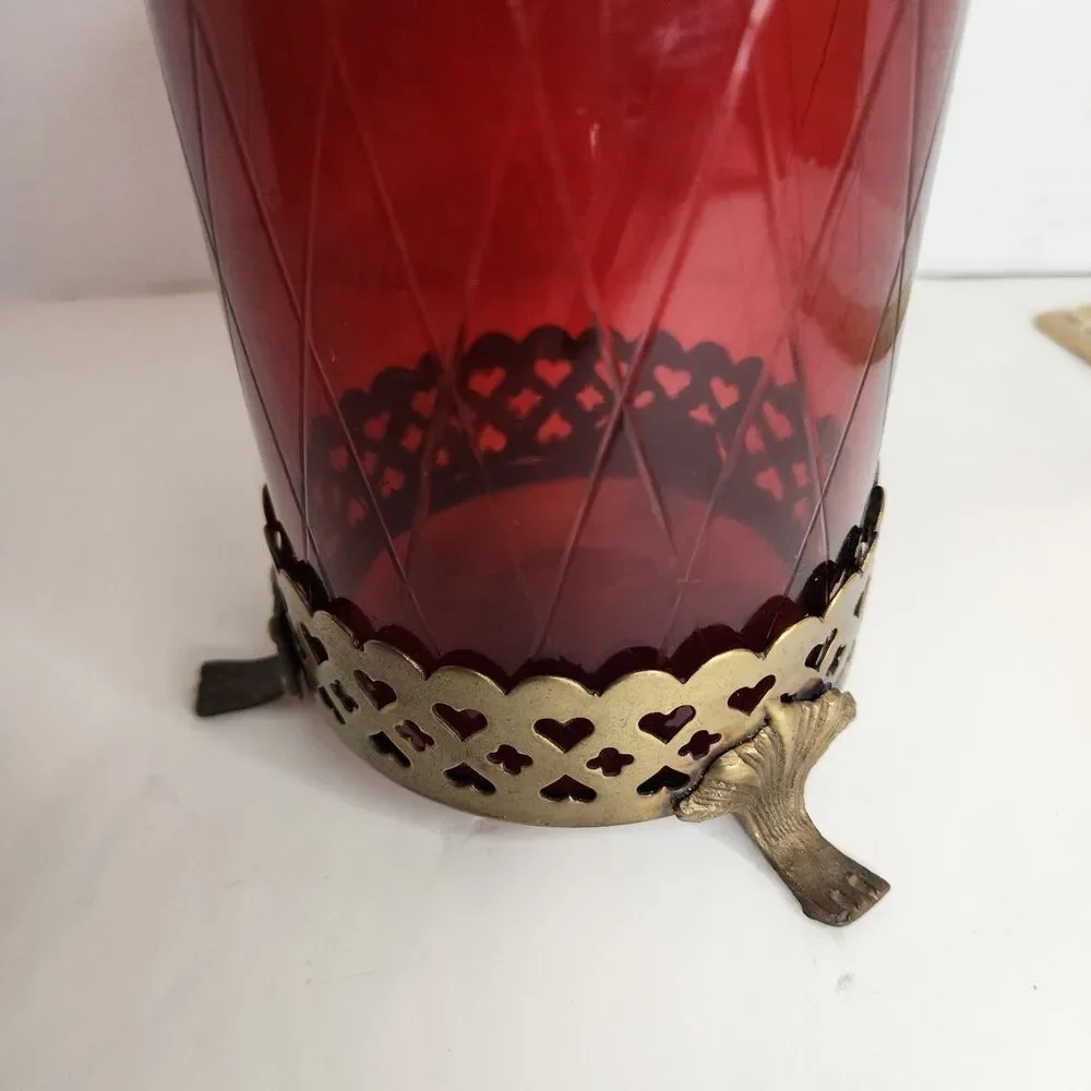 Vintage Bohemian Footed Ruby Red Diamond Cut w/Brass  Trim 7
